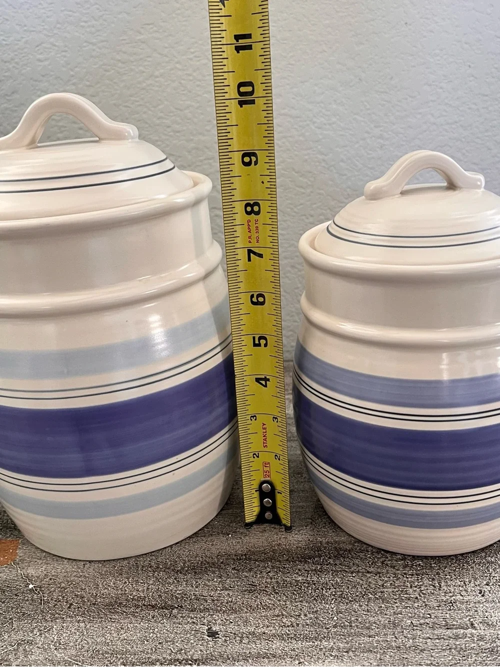 Pfaltzgraff Ceramic Stripe Canister Set of 2 Blue White with Lids 10.5